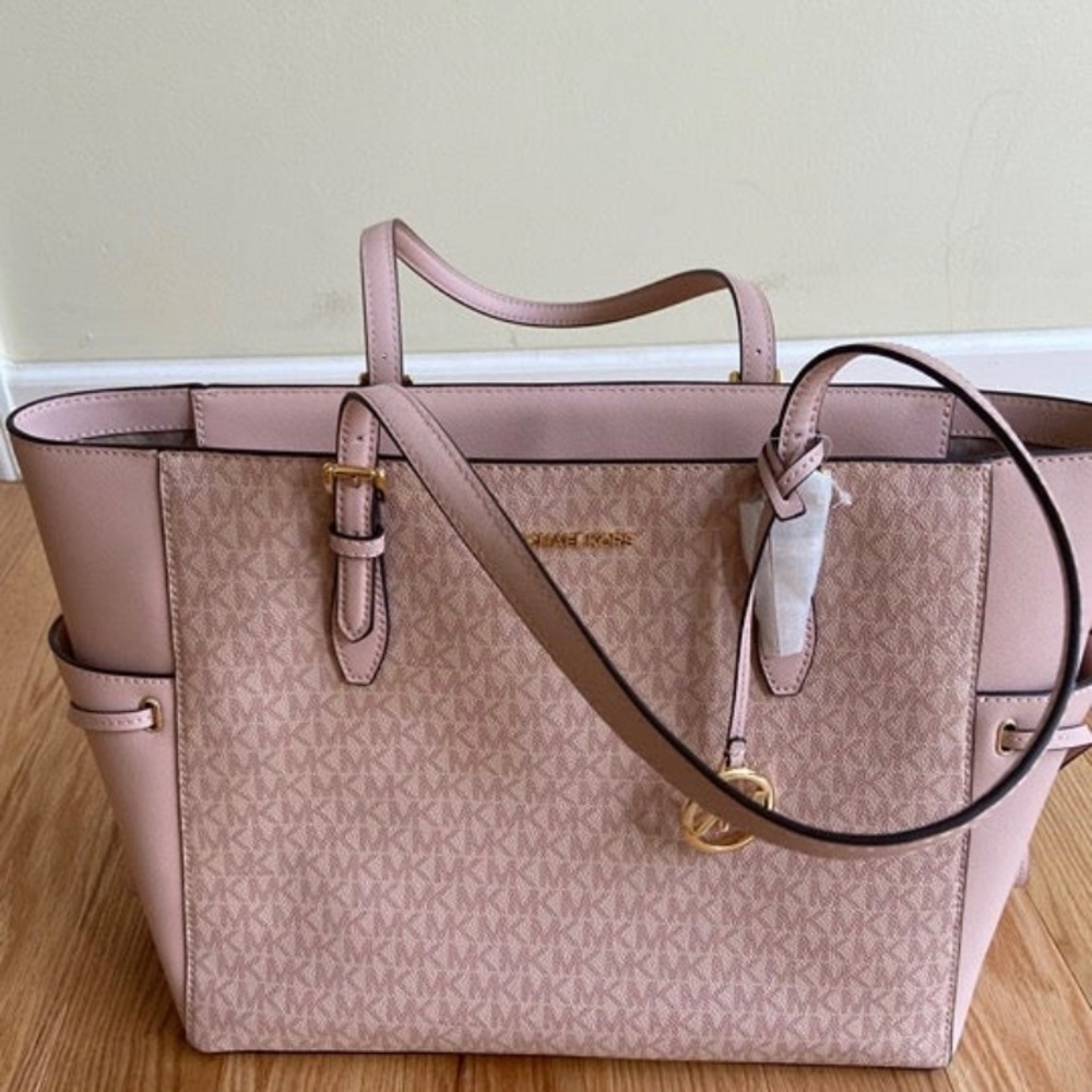 Michael Kors Gilly Drawstring Large Top Zip Tote Ballet Pink MK Signature